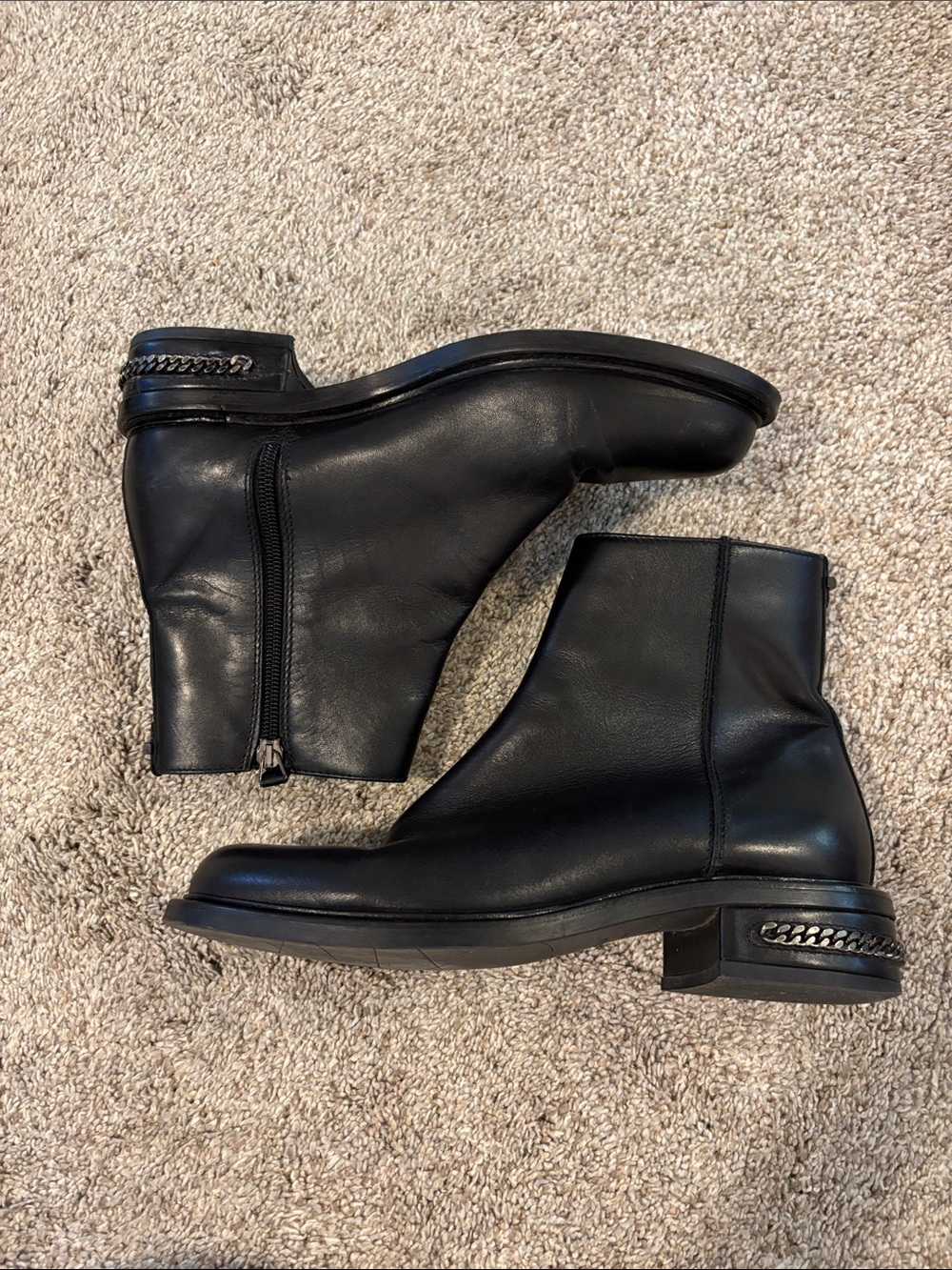 Aquatalia Black Addison Leather Ankle Boots with Chain Heel Detail 8.5
